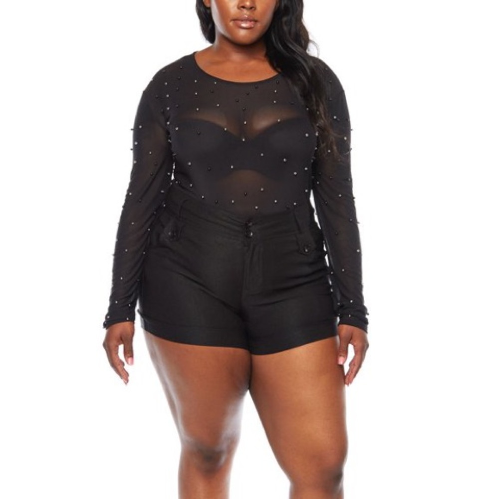 K+Glam Black Mesh Beaded Long Sleeve Bodysuit 2XL